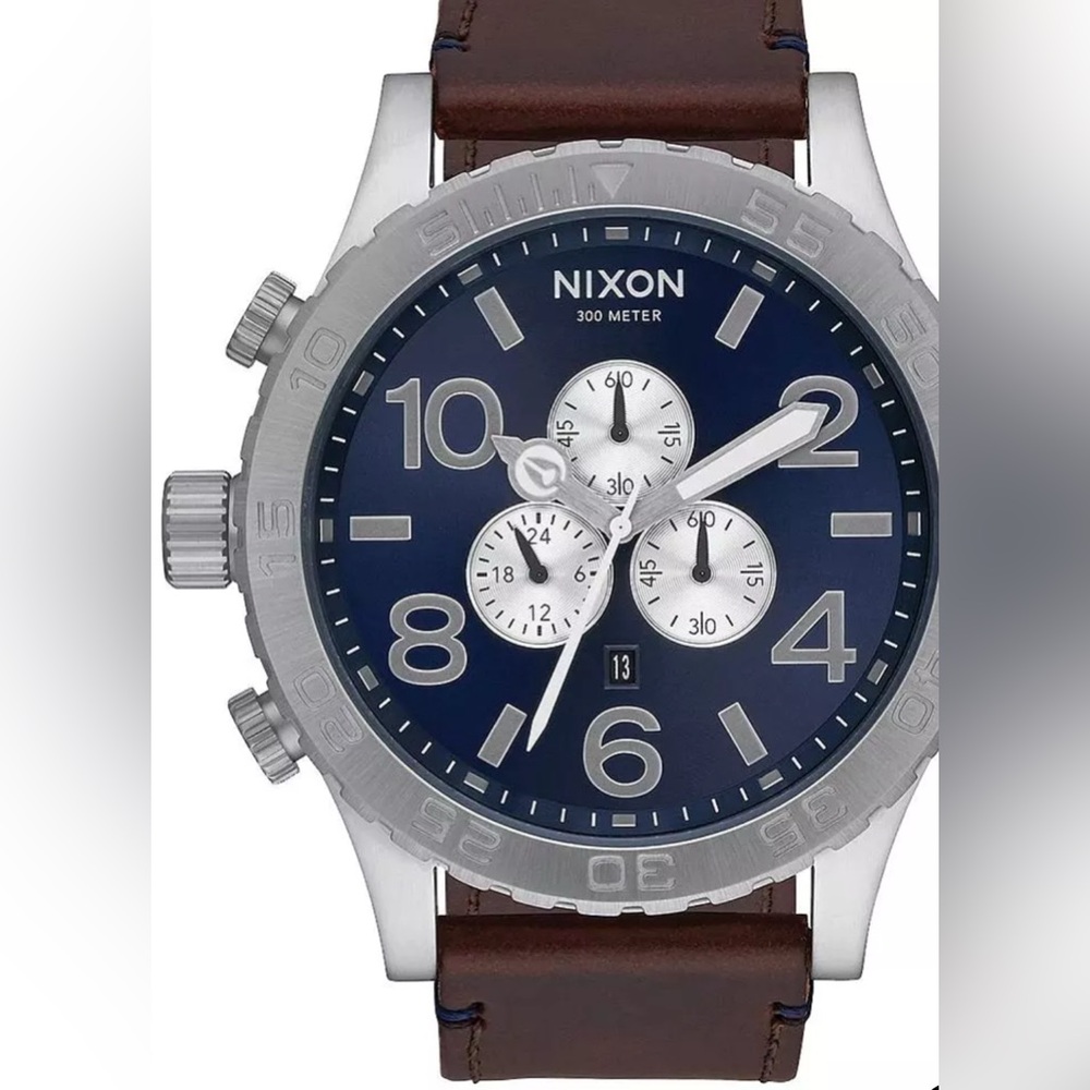 Nixon Silver Case Navy Dial Brown Leather Chronograph Watch